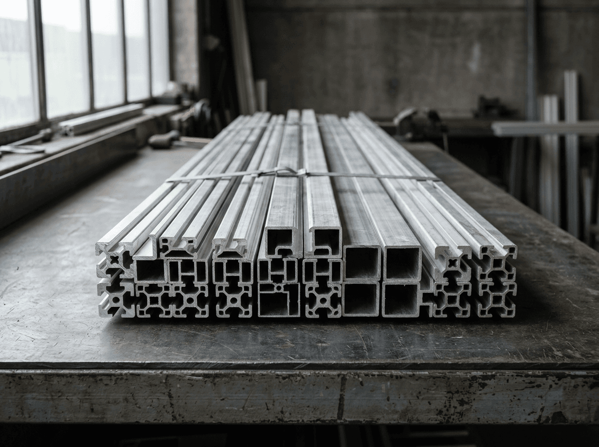 A bundle of sorted silver aluminium extrusion sections
