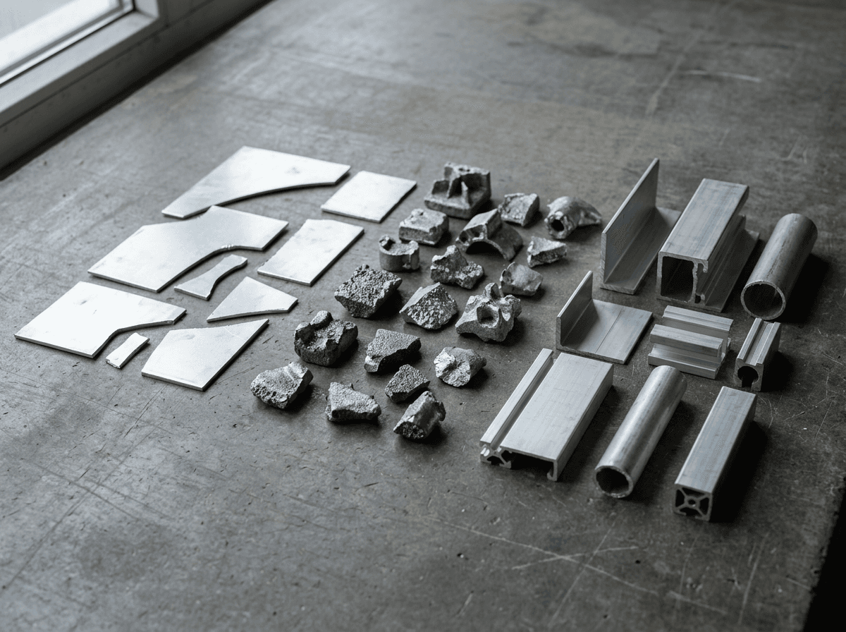 An assortment of aluminium sheet, profile and cast scrap pieces